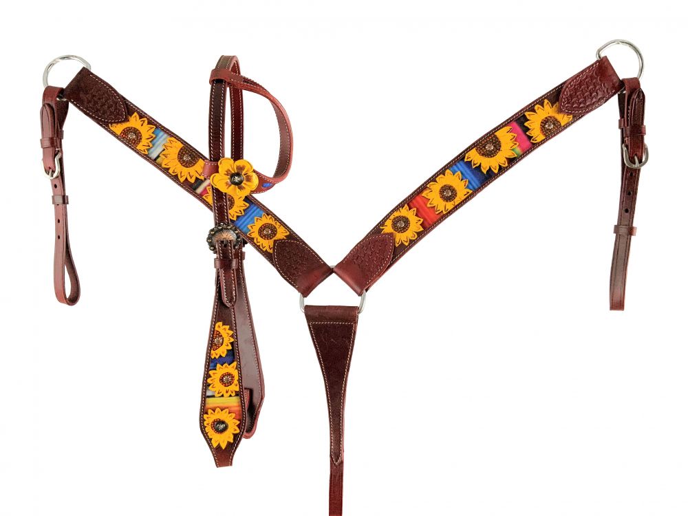 Showman One Ear Medium Oil Headstall and Breast Collar Set with Painted Sunflowers and Serape Inlay