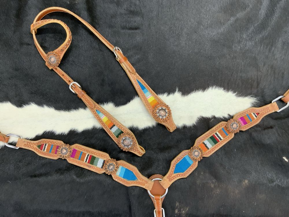 Showman Browband Headstall &amp; Breast collar set with wool serape saddle blanket inlay #2
