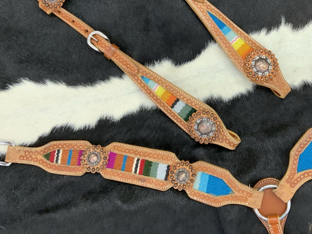 Showman Browband Headstall &amp; Breast collar set with wool serape saddle blanket inlay #3
