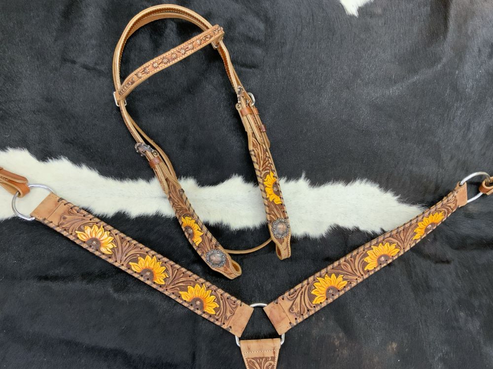 Showman Browband Headstall &amp; Breast collar set with floral tooling and hand painted sunflowers #2
