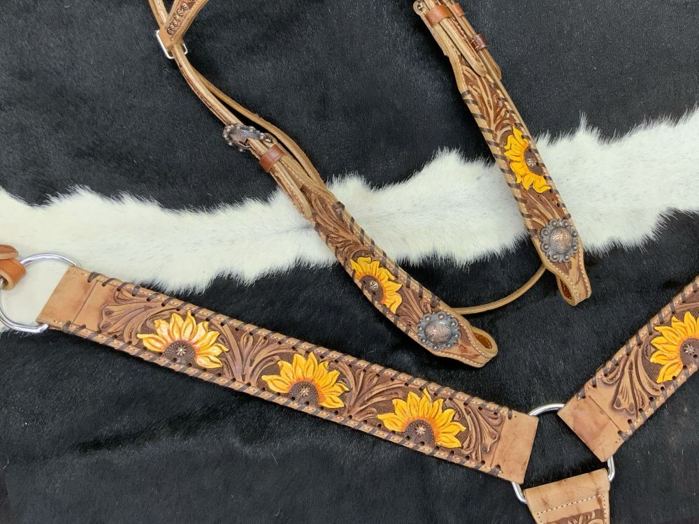 Showman Browband Headstall &amp; Breast collar set with floral tooling and hand painted sunflowers #3