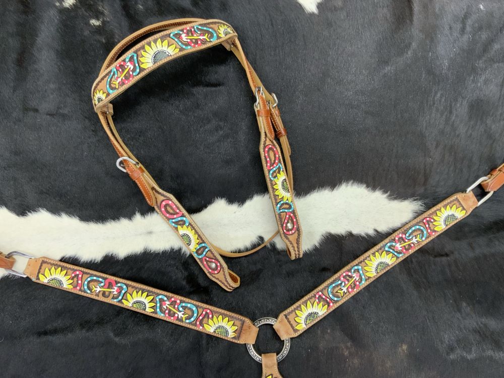Showman Medium Oil Painted Sunflower Browband Headstall &amp; Breast Collar Set with arrow and paisley design #2