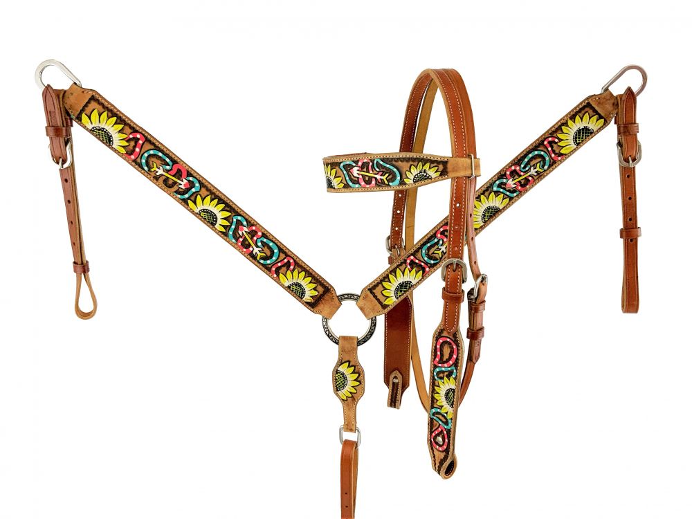 Showman Medium Oil Painted Sunflower Browband Headstall &amp; Breast Collar Set with arrow and paisley design