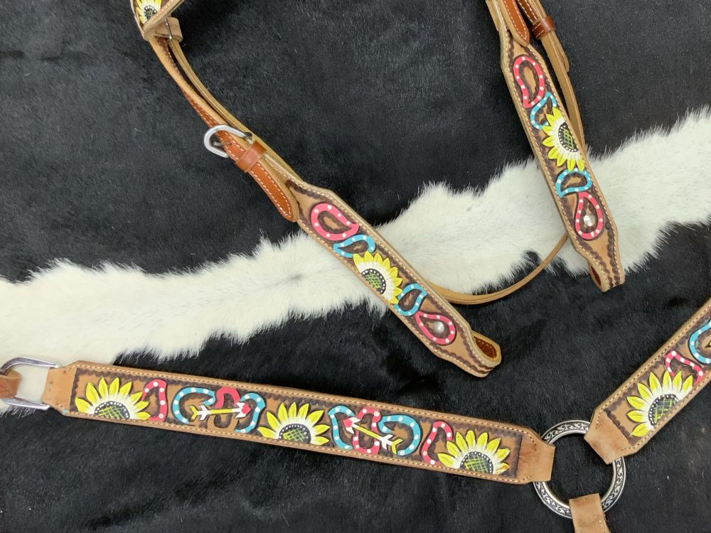 Showman Medium Oil Painted Sunflower Browband Headstall &amp; Breast Collar Set with arrow and paisley design #3