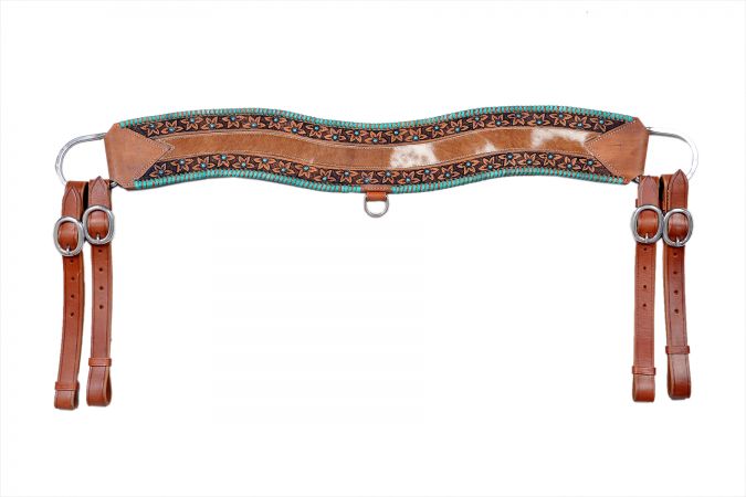 Showman Hair on Cowhide leather tripping collar with teal rawhide and teal beads on floral tooling