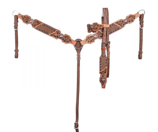 Showman Chocolate Oiled Browband Headstall and Breast Collar Set with black buck stitch Tooling
