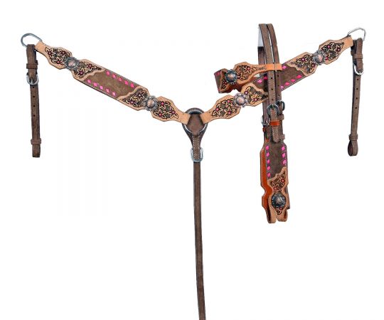 Showman Chocolate Oiled Browband Headstall and Breast Collar Set with pink buck stitch Tooling