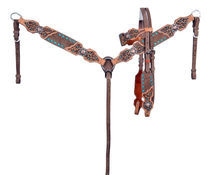 Showman Chocolate Oiled Browband Headstall and Breast Collar Set with teal buck stitch Tooling
