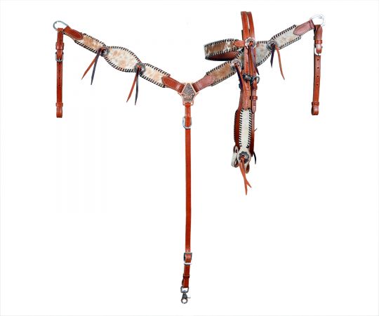 Showman Cowhide inlay browband headstall and breast collar set with black rawhide lacing