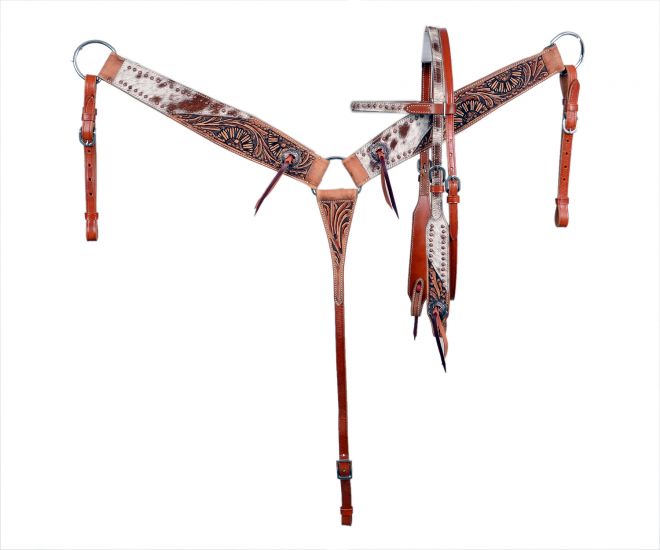 Showman Cowhide inlay browband headstall and breast collar set with copper beading