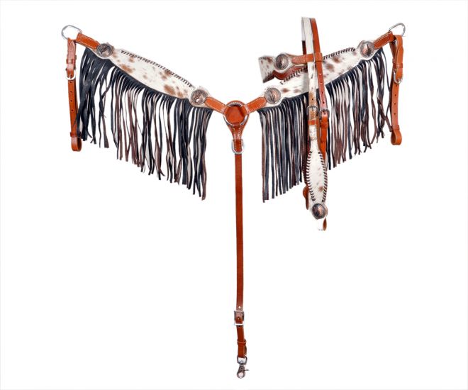 Showman Cowhide inlay browband headstall and breast collar set with fringe &amp; copper conchos