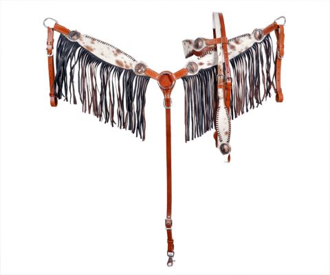 Showman Cowhide inlay browband headstall and breast collar set with fringe & copper conchos