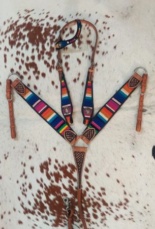 Showman One Ear Headstall &amp; Breast collar set with wool southwest blanket inlay #2