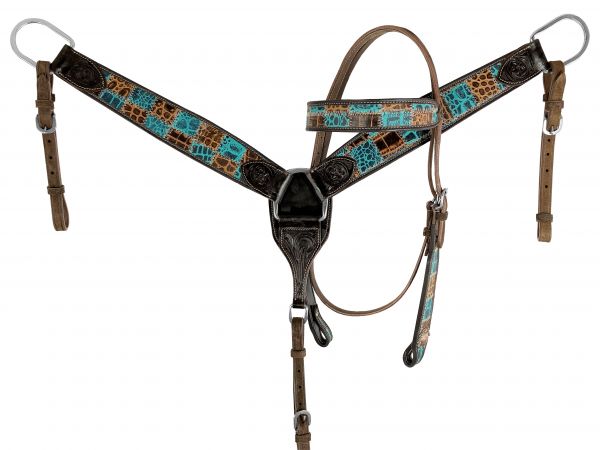 Showman Teal Gator patchwork Browband Headstall &amp; Breast collar set