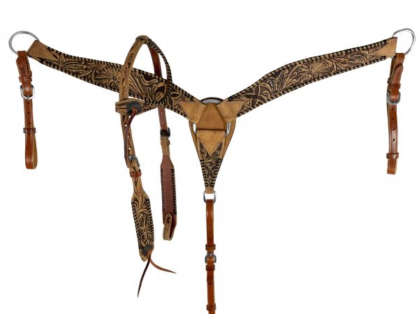 Showman Medium oil leather one ear headstall and breast collar set with tooled flowers and black whip stitching