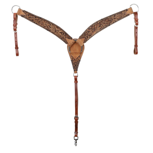 Showman Medium oil leather Browband headstall and breast collar set with tooled flowers and black whip stitching #3