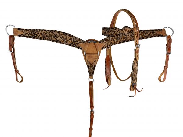 Showman Medium oil leather Browband headstall and breast collar set with tooled flowers and black whip stitching