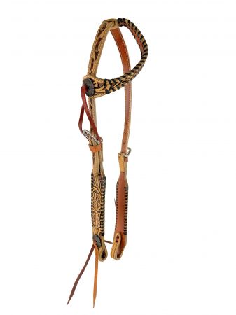 Showman Floral Tooled One Ear Leather Headstall with black rawhide whipstitching