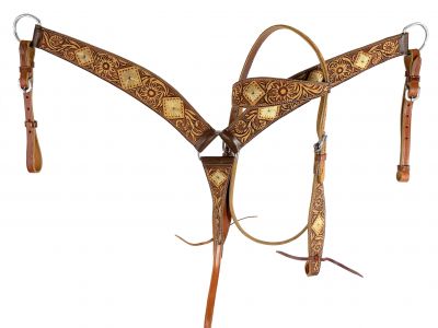 Showman Medium oil leather one ear headstall and breast collar set with floral tooling