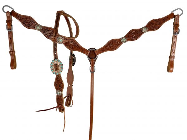 Showman Medium oil leather one ear headstall and breast collar set with floral tooling and silver conchos