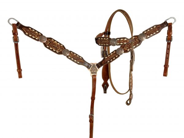 Showman Floral tooled Leather Browband Headstall and Breast Collar Set
