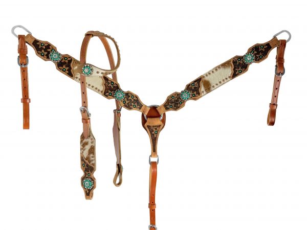 Showman Hair on Cowhide One Ear Leather Headstall and Breast Collar Set