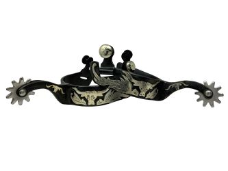 Showman Black Steel Spurs with Engraved Longhorn Overlay