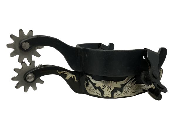 Showman Black Steel Spurs with Engraved Longhorn Overlay #3