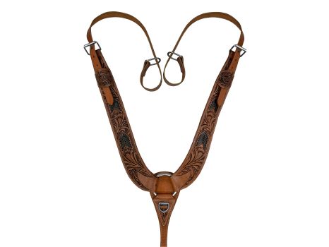 Showman Floral Tooled Medium Leather Pulling Collar with Black Rawhide Lacing