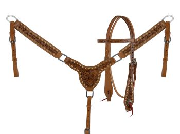 Showman Floral Rawhide Buckstitch Gladiator Style Browband Headstall and Breastcollar Set