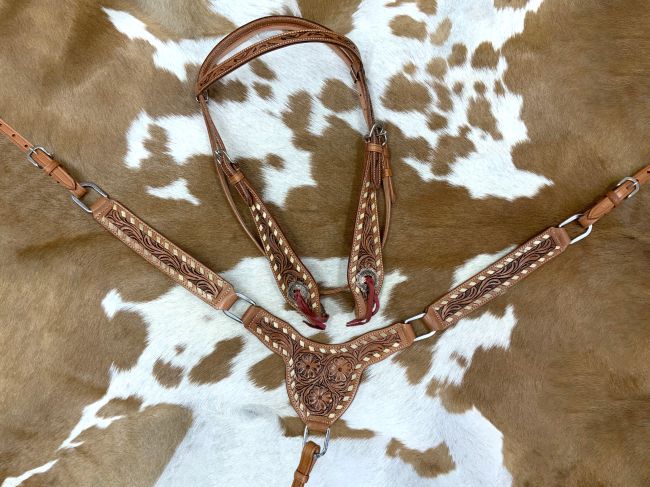 Showman Floral Rawhide Buckstitch Gladiator Style Browband Headstall and Breastcollar Set #4