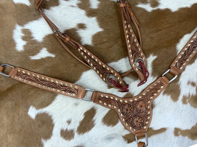Showman Floral Rawhide Buckstitch Gladiator Style Browband Headstall and Breastcollar Set #5