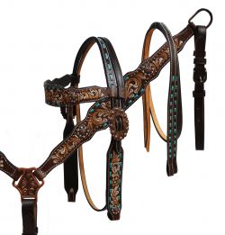 Showman Hand painted floral tooled headstall and breast collar with teal buck stitch