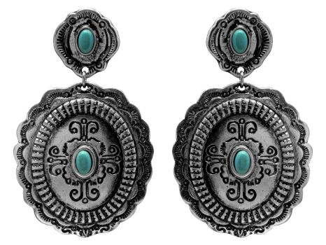Western Style Concho Teal Drop Statement Earrings