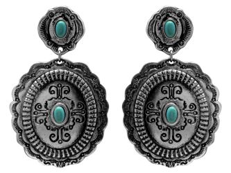 Western Style Concho Teal Drop Statement Earrings