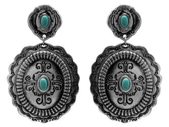 Western Style Concho Teal Drop Statement Earrings