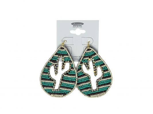 Teardrop shaped teal beaded Cactus cutout Earring