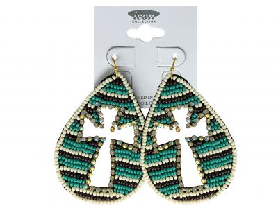 Teardrop shaped teal beaded Cross cutout Earring