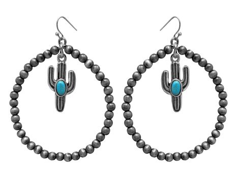 A set of 2" silver beaded hoop earrings with cactus decal