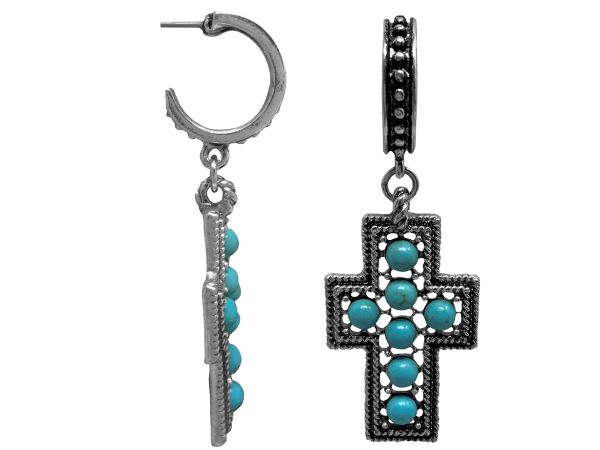 A set of silver cross earrings with turquoise stones with stud back