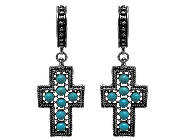 A set of silver cross earrings with turquoise stones with stud back #2