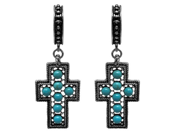 A set of silver cross earrings with turquoise stones with stud back #2