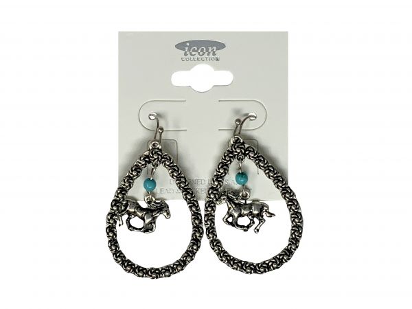 Floral Teardrop with running horse and teal bead earrings