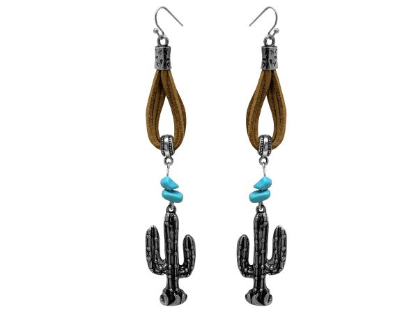 Western cactus dangle earring on leather with turquoise stones