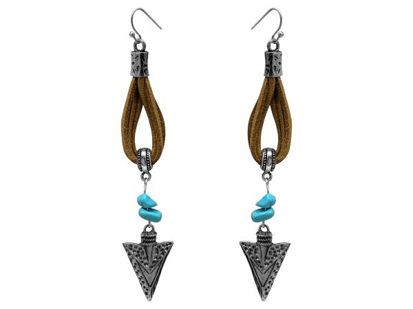 Leather earrings with hook back, features silver arrowhead and turquoise accents