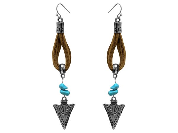Leather earrings with hook back, features silver arrowhead and turquoise accents