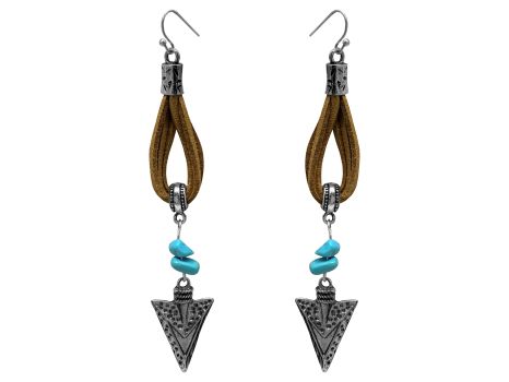 Leather earrings with hook back, features silver arrowhead and turquoise accents
