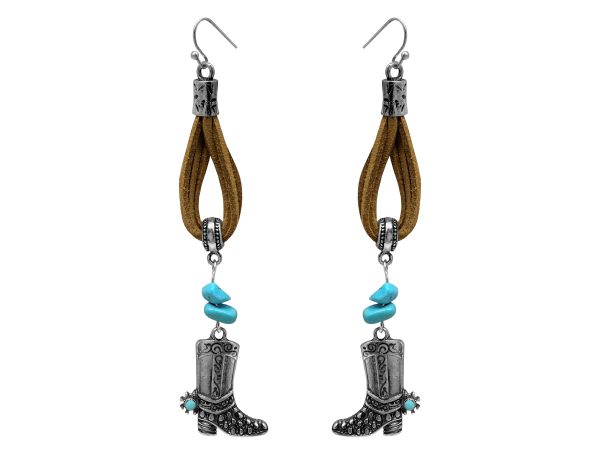 Western boot dangle earring on leather with turquoise stones