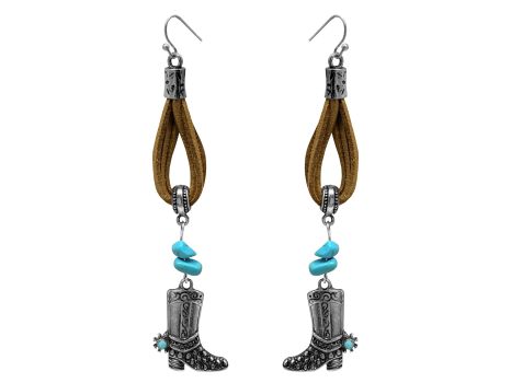 Western boot dangle earring on leather with turquoise stones