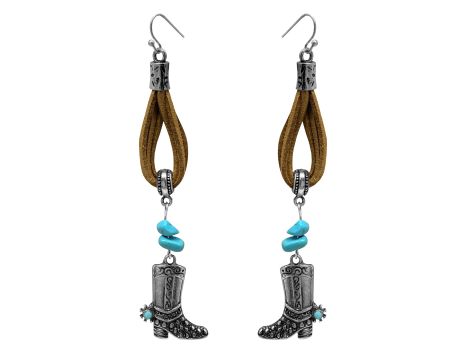 Western boot dangle earring on leather with turquoise stones